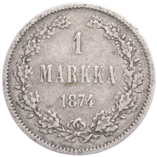 Монета 1 марка 1874 года Русская Финляндия (аверс)