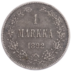 Монета 1 марка 1892 года Русская Финляндия (аверс)