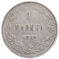 Монета 1 марка 1892 года Русская Финляндия (аверс)