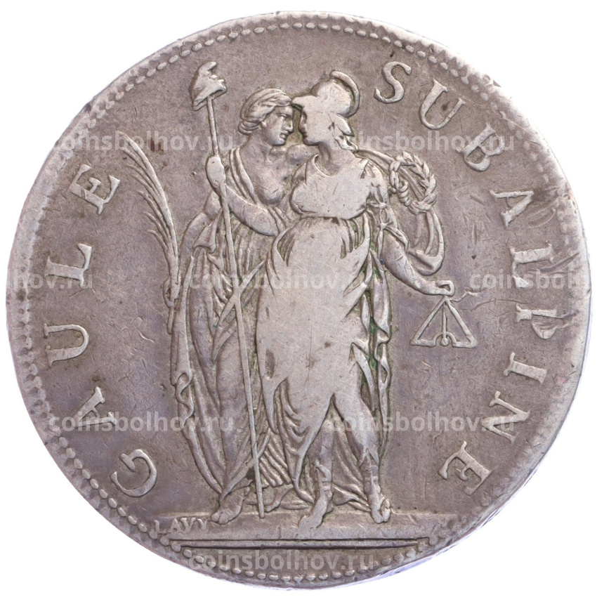 Монета 5 франков 1800 года Пьемонт (Субальпийская республика)