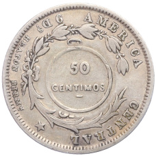 Монета 50 сентимо 1923 года — надчекан на 20 сентимо 1893 года Коста-Рика (реверс)