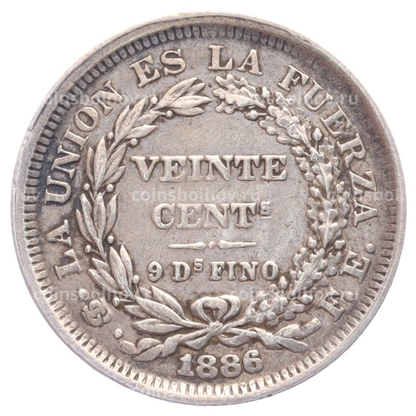 Монета 20 сентаво 1886 года Боливия
