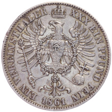 Монета 1 союзный талер 1861 года А Пруссия (реверс)
