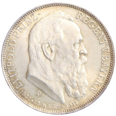 Монета 3 марки 1911 года D Германия (Бавария) «90 лет со дня рождения Луитпольда Баварского» (аверс)