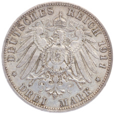 Монета 3 марки 1911 года D Германия (Бавария) (реверс)