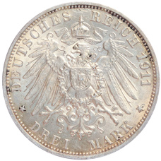 Монета 3 марки 1911 года F Германия (Вюртемберг) «25 лет свадьбе Вильгельма II и Шарлотты» (реверс)