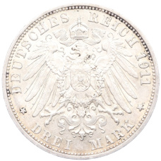 Монета 3 марки 1911 года F Германия (Вюртемберг) «25 лет свадьбе Вильгельма II и Шарлотты» (реверс)