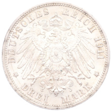 Монета 3 марки 1911 года F Германия (Вюртемберг) «25 лет свадьбе Вильгельма II и Шарлотты» (реверс)