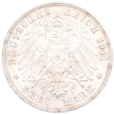 Монета 3 марки 1911 года F Германия (Вюртемберг) «25 лет свадьбе Вильгельма II и Шарлотты» (реверс)