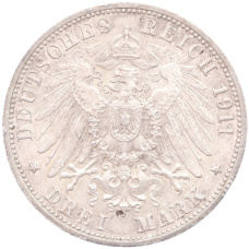 Монета 3 марки 1911 года F Германия (Вюртемберг) «25 лет свадьбе Вильгельма II и Шарлотты» (реверс)