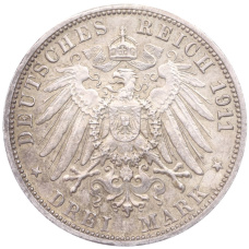 Монета 3 марки 1911 года F Германия (Вюртемберг) «25 лет свадьбе Вильгельма II и Шарлотты» (реверс)