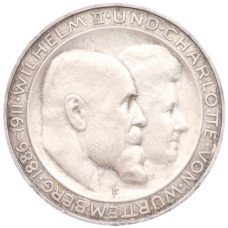 Монета 3 марки 1911 года F Германия (Вюртемберг) «25 лет свадьбе Вильгельма II и Шарлотты» (аверс)