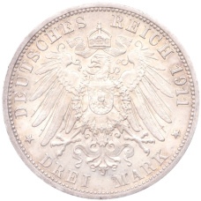 Монета 3 марки 1911 года F Германия (Вюртемберг) «25 лет свадьбе Вильгельма II и Шарлотты» (реверс)