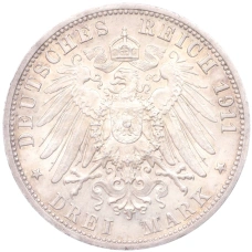 Монета 3 марки 1911 года F Германия (Вюртемберг) «25 лет свадьбе Вильгельма II и Шарлотты» (реверс)