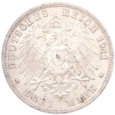 Монета 3 марки 1911 года F Германия (Вюртемберг) «25 лет свадьбе Вильгельма II и Шарлотты» (реверс)