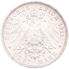 Монета 3 марки 1911 года F Германия (Вюртемберг) «25 лет свадьбе Вильгельма II и Шарлотты» (реверс)