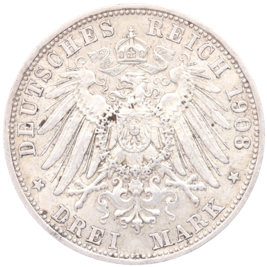 Монета 3 марки 1908 года D Германия (Бавария) (вид 2)