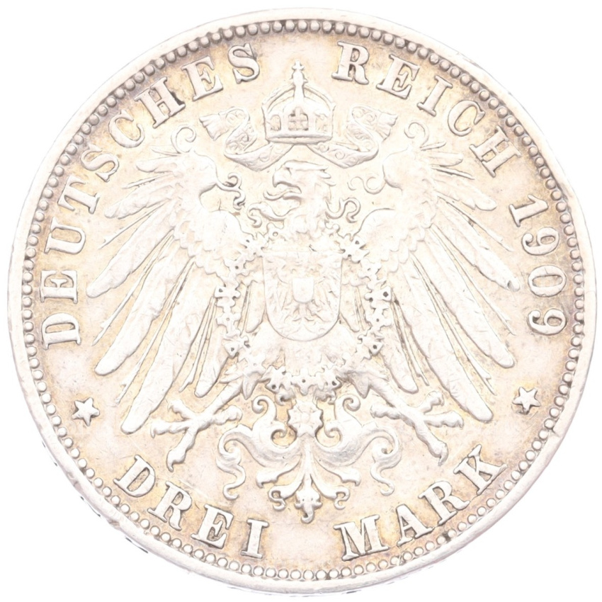 Монета 3 марки 1909 года F Германия (Вюртемберг) (вид 2)