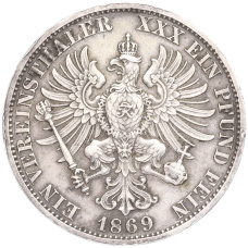 Монета 1 союзный талер  1869 года A Пруссия (реверс)
