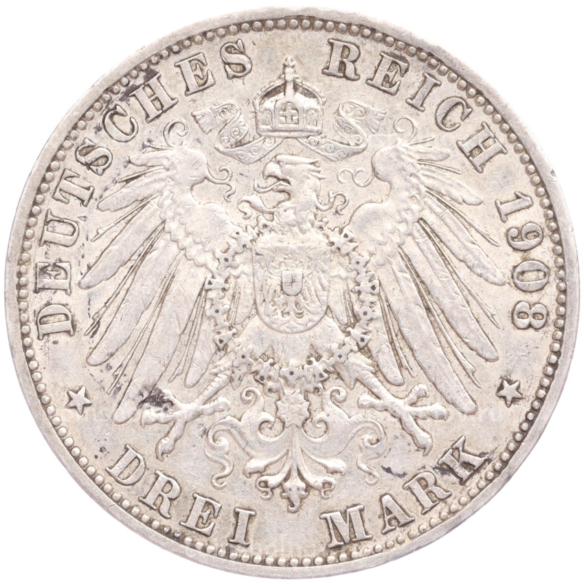 Монета 3 марки 1908 года G Германия (Баден) (вид 2)