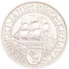 Монета 3 рейхсмарки 1927 года А Германия «100 лет Бремерхафену» (аверс)