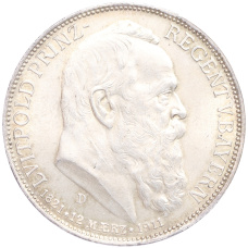 Монета 3 марки 1911 года D Германия (Бавария) «90 лет со дня рождения Луитпольда Баварского» (аверс)