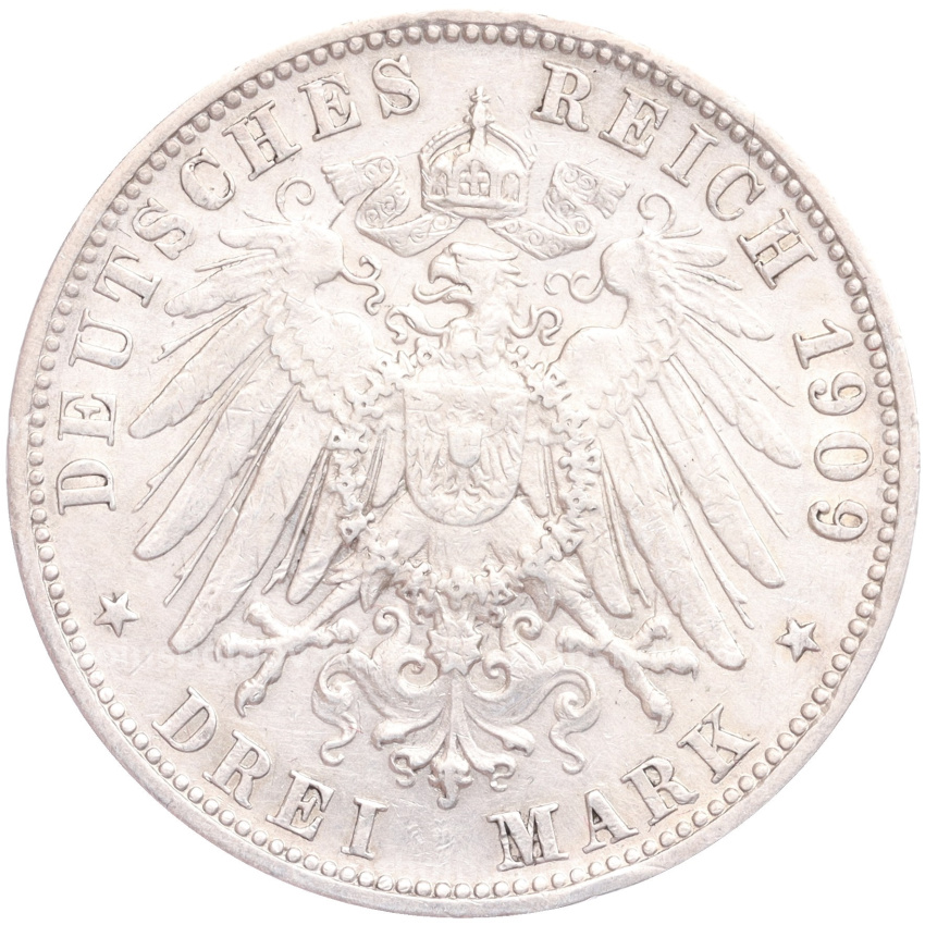 Монета 3 марки 1909 года F Германия (Вюртемберг) (вид 2)