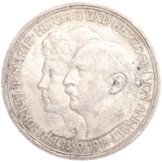 Монета 3 марки 1914 года Германия (Ангальт) «25 лет свадьбе Фридриха II и Марии Баденской» (аверс)