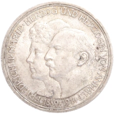 Монета 3 марки 1914 года Германия (Ангальт) «25 лет свадьбе Фридриха II и Марии Баденской» (аверс)