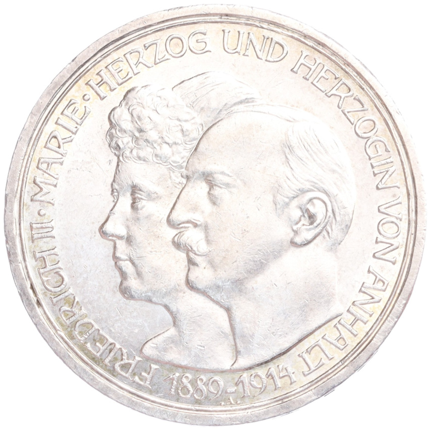 Монета 3 марки 1914 года Германия (Ангальт) «25 лет свадьбе Фридриха II и Марии Баденской»