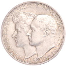 Монета 3 марки 1910 года A Германия (Саксен-Веймар-Aйзенах) «Свадьба Вильгельма и Феодоры» (аверс)