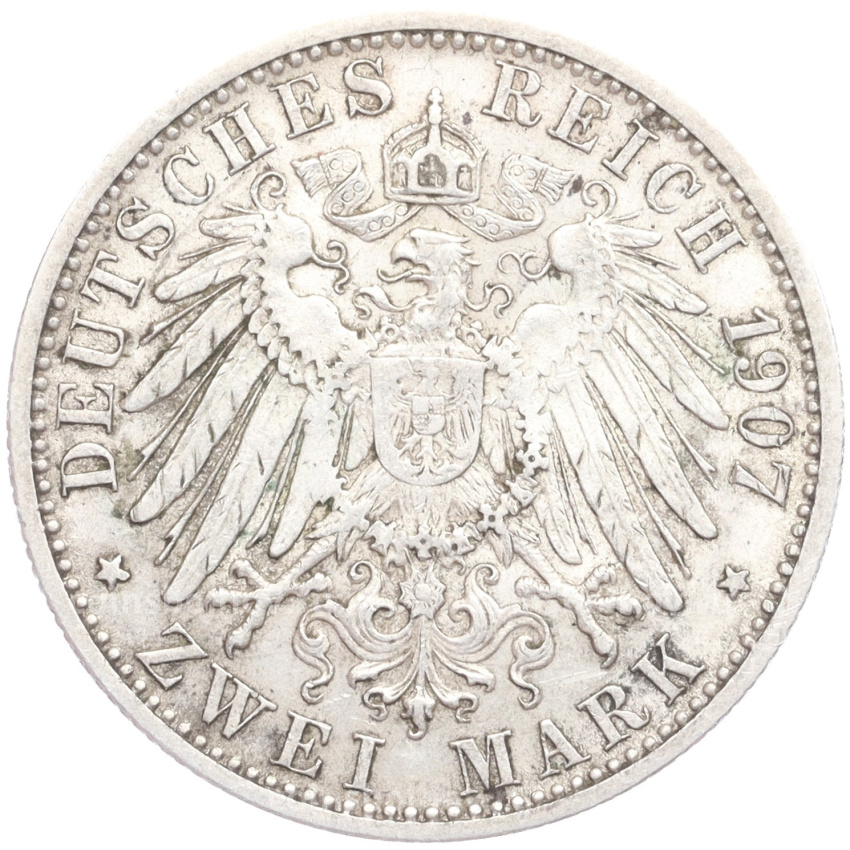 Монета 2 марки 1907 года F Германия (Вюртемберг) (вид 2)