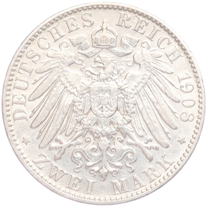 Монета 2 марки 1908 года Е Германия (Саксония) (вид 2)