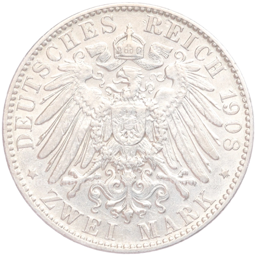 Монета 2 марки 1908 года Е Германия (Саксония) (вид 2)