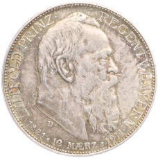 Монета 2 марки 1911 года D Германия (Бавария) «90 лет со дня рождения Луитпольда Баварского» (аверс)