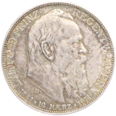 Монета 2 марки 1911 года D Германия (Бавария) «90 лет со дня рождения Луитпольда Баварского» (аверс)