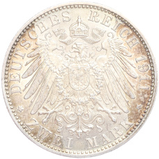 Монета 2 марки 1911 года D Германия (Бавария) «90 лет со дня рождения Луитпольда Баварского» (реверс)