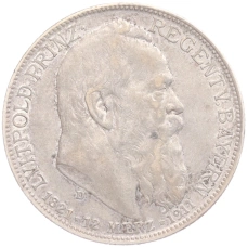 Монета 2 марки 1911 года D Германия (Бавария) «90 лет со дня рождения Луитпольда Баварского» (аверс)