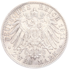 Монета 2 марки 1911 года D Германия (Бавария) «90 лет со дня рождения Луитпольда Баварского» (реверс)