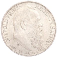 Монета 2 марки 1911 года D Германия (Бавария) «90 лет со дня рождения Луитпольда Баварского» (аверс)