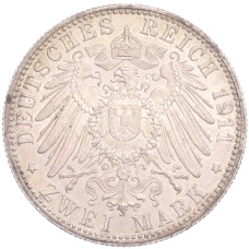 Монета 2 марки 1911 года D Германия (Бавария) «90 лет со дня рождения Луитпольда Баварского» (реверс)