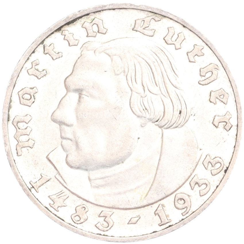 Монета 2 рейхсмарки 1933 года A Германия «450 лет со дня рождения Мартина Лютера»