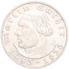 Монета 2 рейхсмарки 1933 года D Германия «450 лет со дня рождения Мартина Лютера» (аверс)