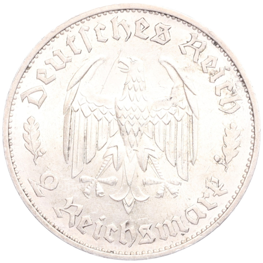 Монета 2 рейхсмарки 1934 года F Германия «175 лет со дня рождения Фридриха Шиллера» (вид 2)