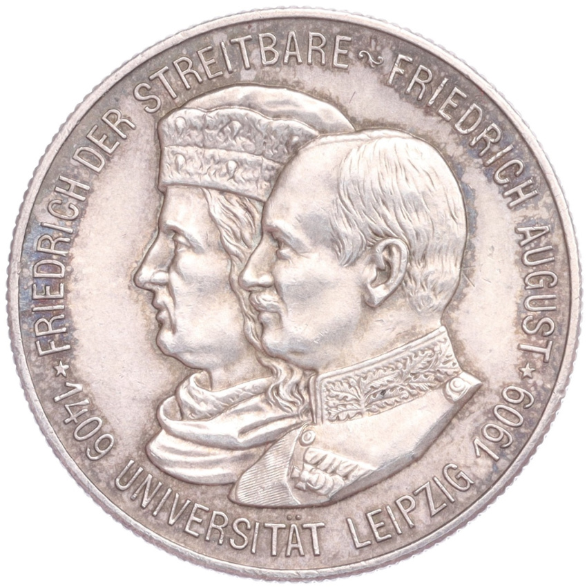 Монета 2 марки 1909 года Германия (Саксония) «500 лет Лейпцигскому университету»