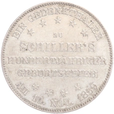 Монета 1 талер 1859 года Франкфурт «100 лет со дня рождения Фридриха Шиллера» (аверс)