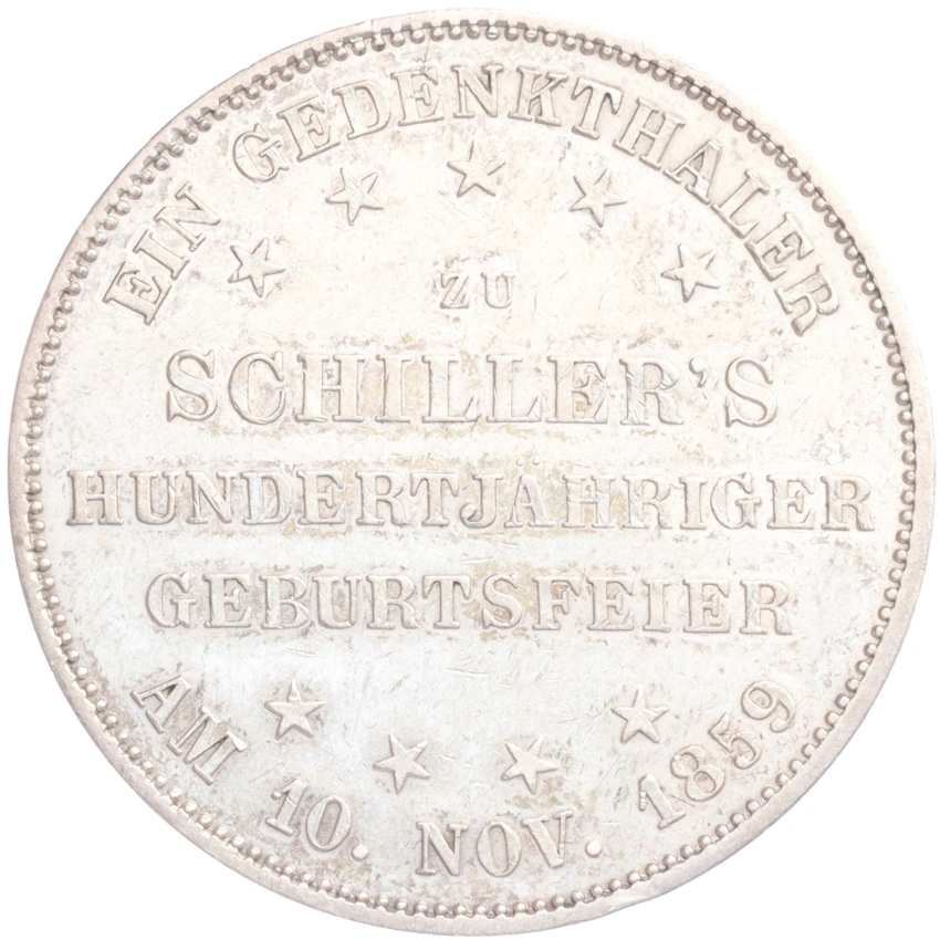 Монета 1 талер 1859 года Франкфурт «100 лет со дня рождения Фридриха Шиллера»