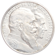 Монета 2 марки 1906 года  Германия (Баден) «50 лет свадьбе Фридриха I и Луизы Прусской» (аверс)