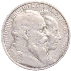 Монета 2 марки 1906 года  Германия (Баден) «50 лет свадьбе Фридриха I и Луизы Прусской» (аверс)