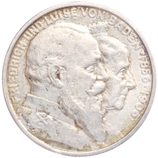 Монета 2 марки 1906 года  Германия (Баден) «50 лет свадьбе Фридриха I и Луизы Прусской» (аверс)